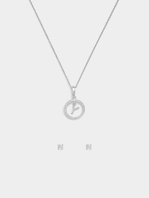 Rhodium Plated Cubic Zirconia Initial Y Circle Pendant & Stud Set
