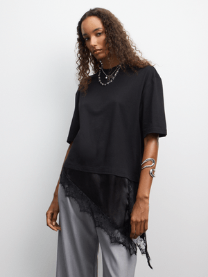 The FIX Women's Black Cotton Tee with Satin Lace Trim