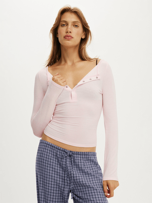 Women's Cotton On Pink Super Soft Boat Neck Henley Long Sleeve