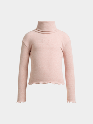 Exact Younger Girl's Pink Melange Ribbed Poloneck Top