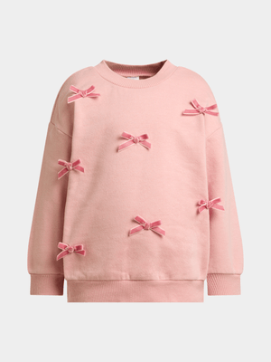 Jet Older Girls Pale Mauve Bow Applique Crewneck