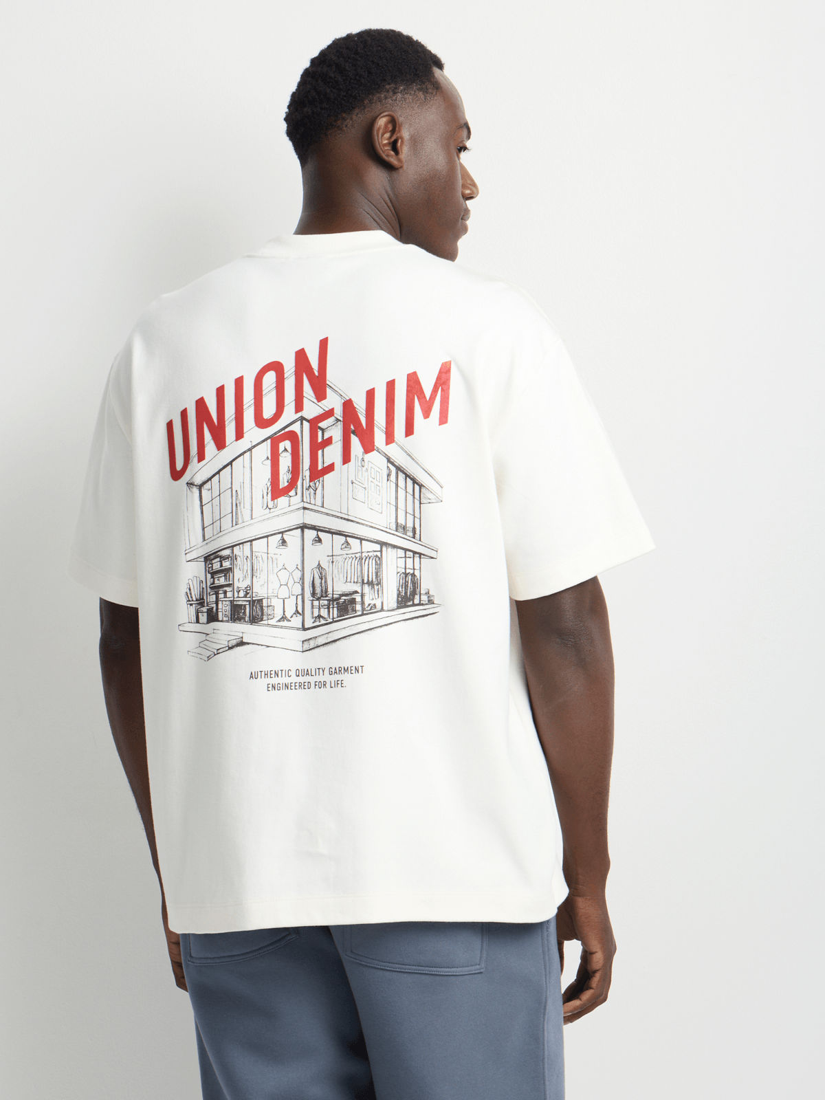 トップス wide dad FUNCTIONAL WIDE BOX SHIRTS Union-DNM Men's Boxy Store Front Printed Ecru T-Shirt | Bash