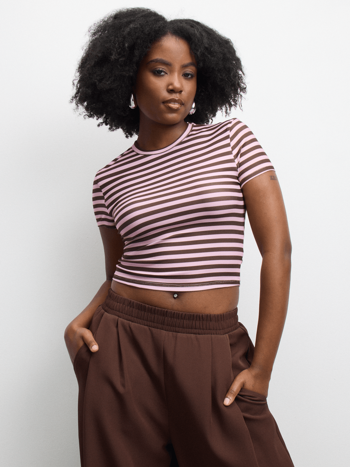 The FIX Women's Pink & Brown Strip Crew Neck Top | Bash