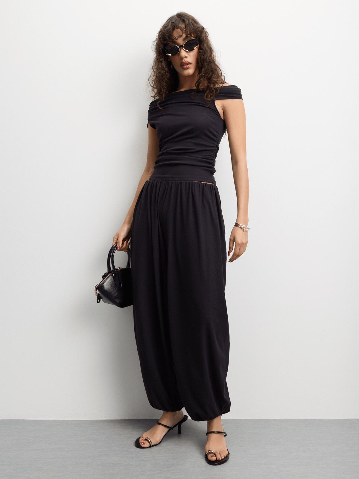 The FIX Women's Black Co-Ord Rib Asymmetrical Top With Side Ruche