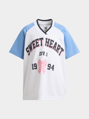Jet Younger Girls White and Blue California Birdseye T-Shirt